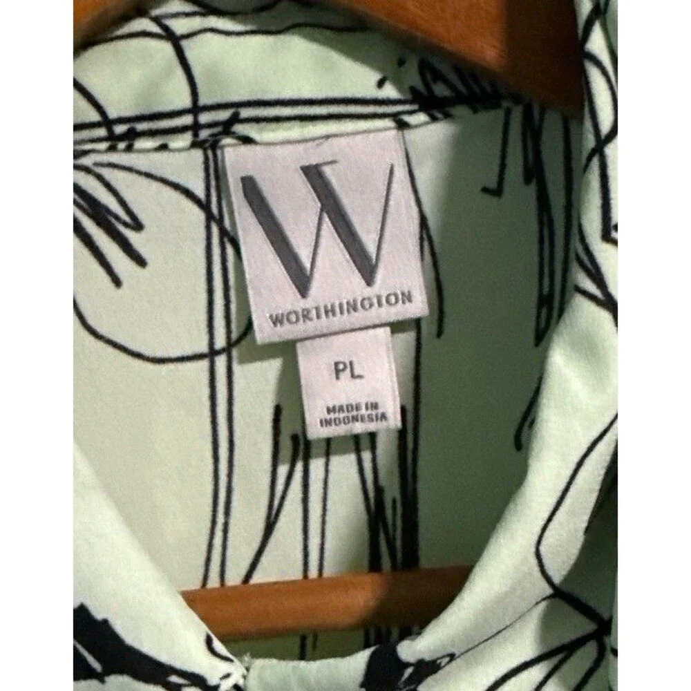 Worthington PL Blouse Green Black Abstract Scribble Long Sleeve Tie Neck Top